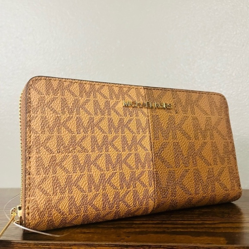 Michael Kors Jet Set Medium Phone Wallet Brown MK Logo Leather NWT